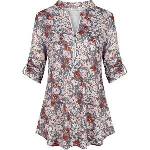 Women Grey Red Floral 3/4 Sleeve Shirt Zip Up V Neck Work Chiffon Blouses Top